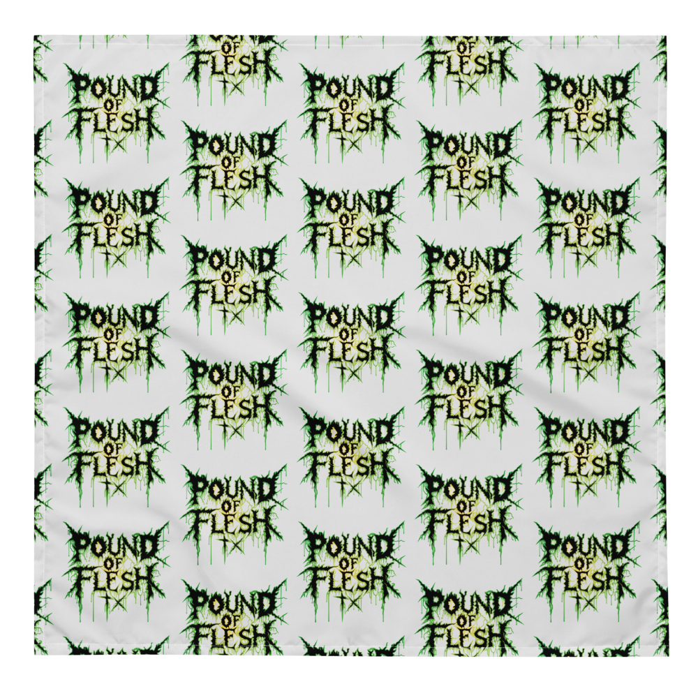 White bandana with the Pound of Flesh TX Logo outlined in green and yellow in a pattern.